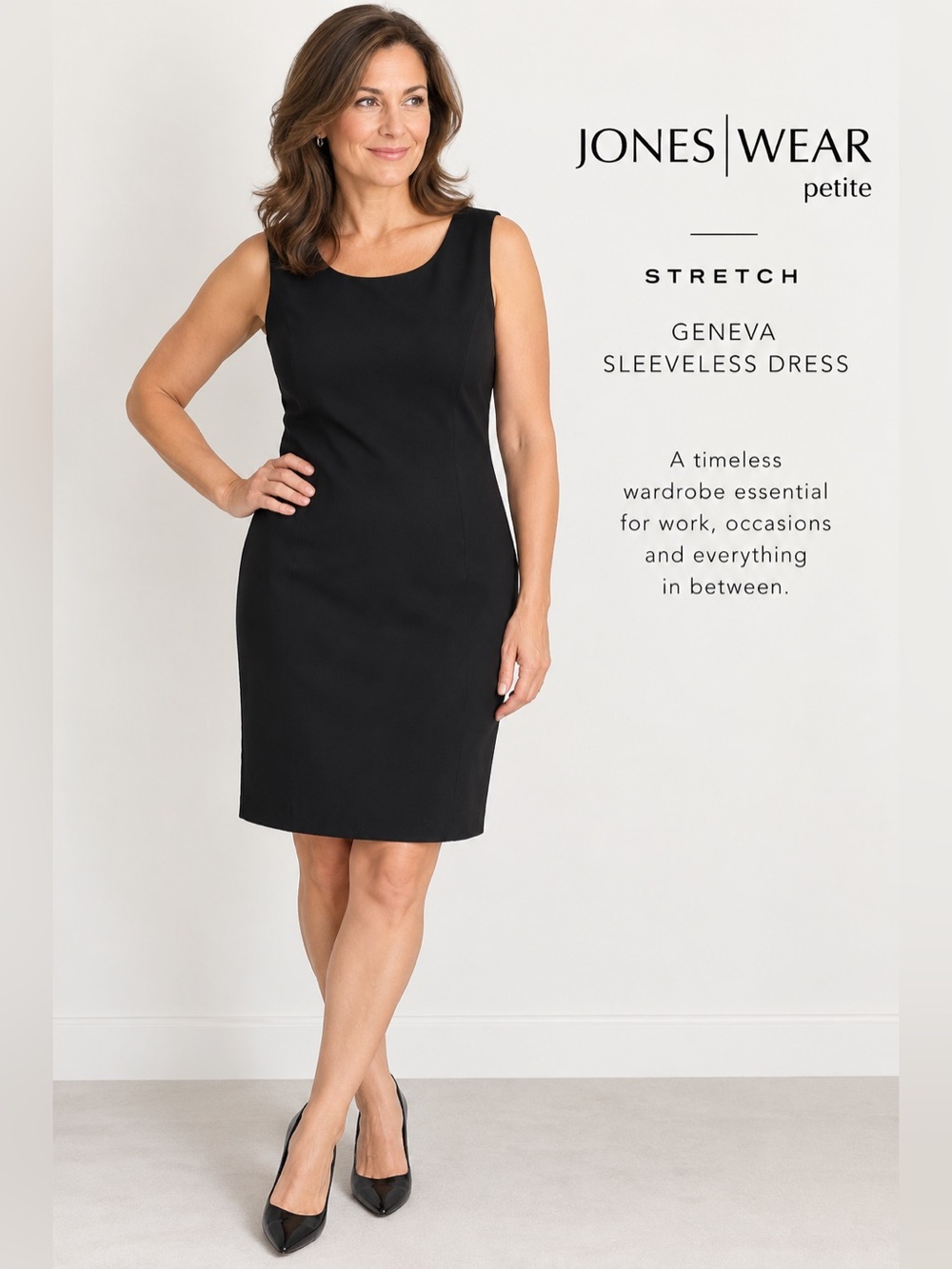 NWT Jones Wear Petite Geneva Black Stretch Sheath Dress 14P